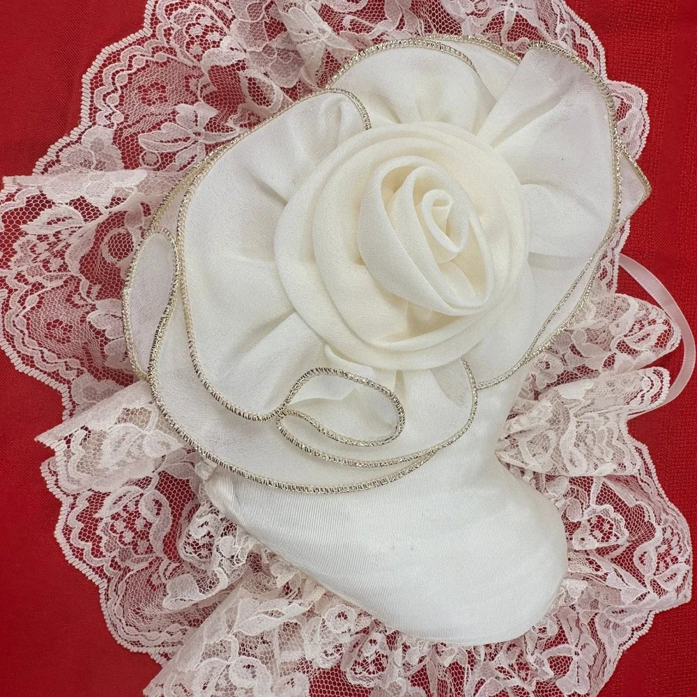 White Satin Double‎ Heart Pillow Lace Trim Floral Ornament Wedding Decor Satchet
